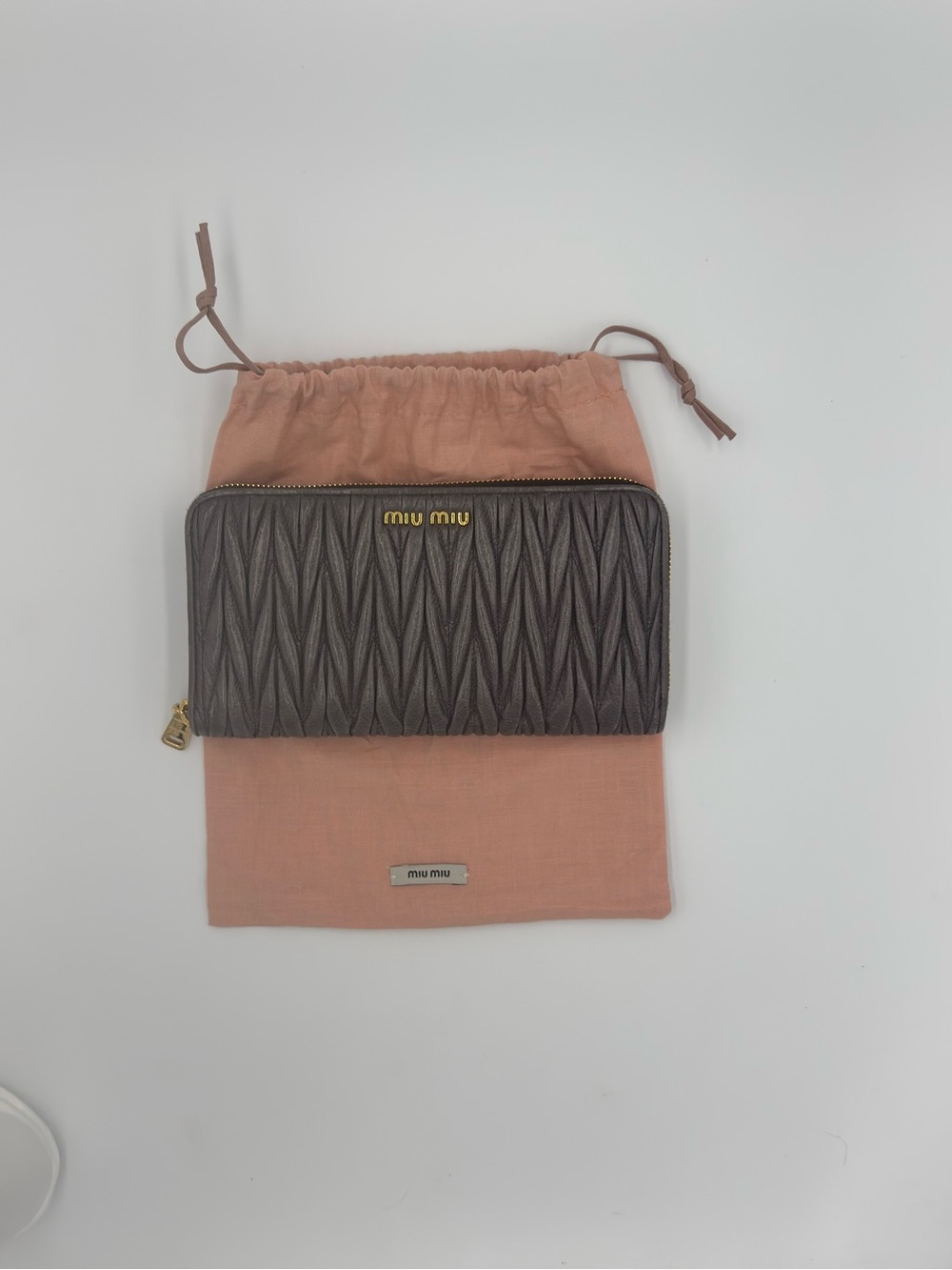 Miu Miu Quilted Dark Gray Zip-Around Wallet with Gold Logo / Hardware & Dust Bag